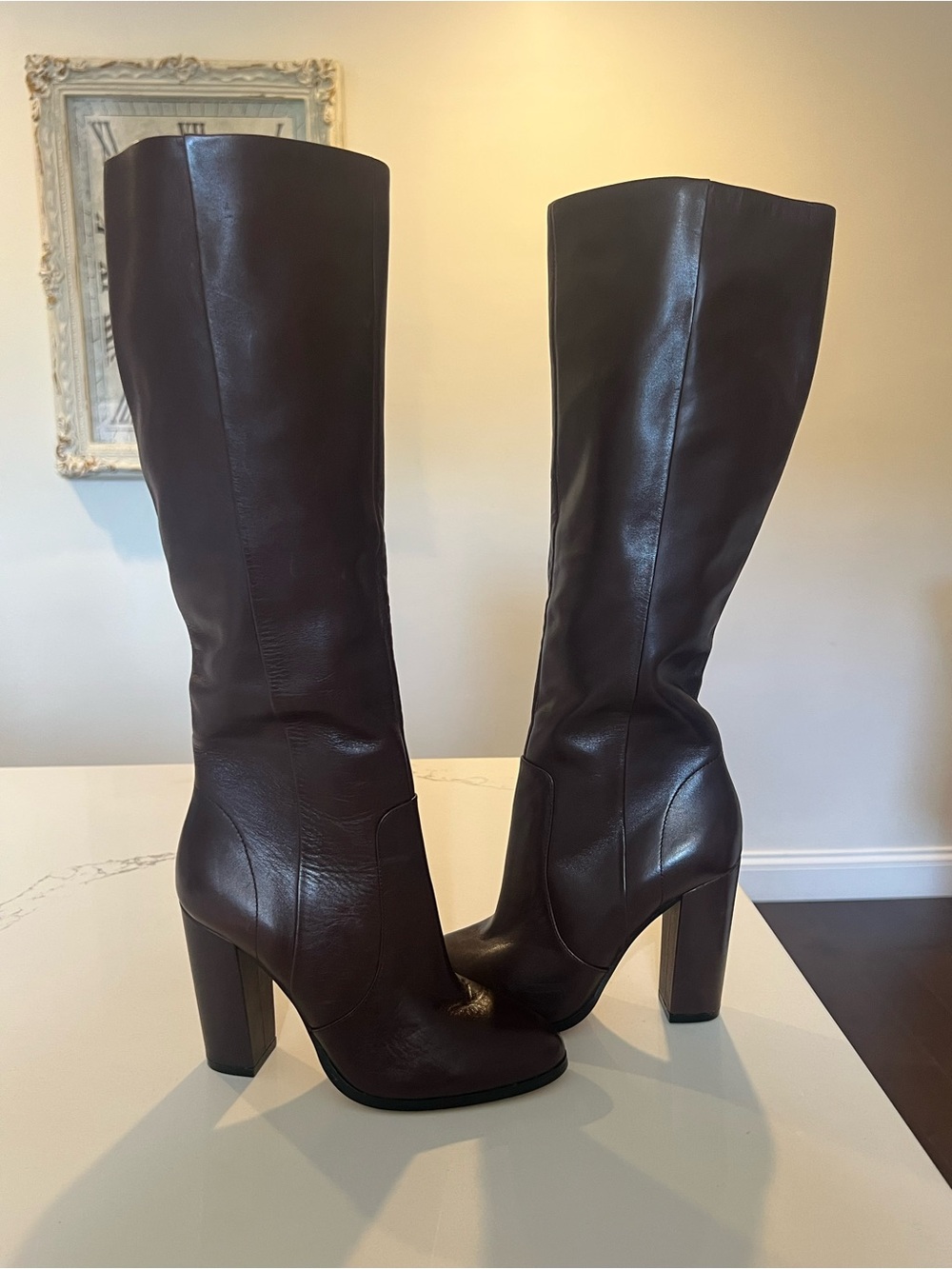 Saks Fifth Avenue Dark Brown Leather Knee-High Block-Heel Boots